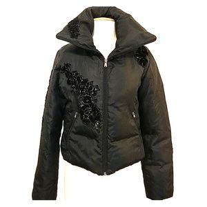 Black Guess Down Puffer Jacket with Velvet Floral